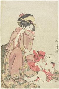 Mujer jugando con un niño con una máscara de Tengu, 1795-1802 de Kitagawa Utamaro